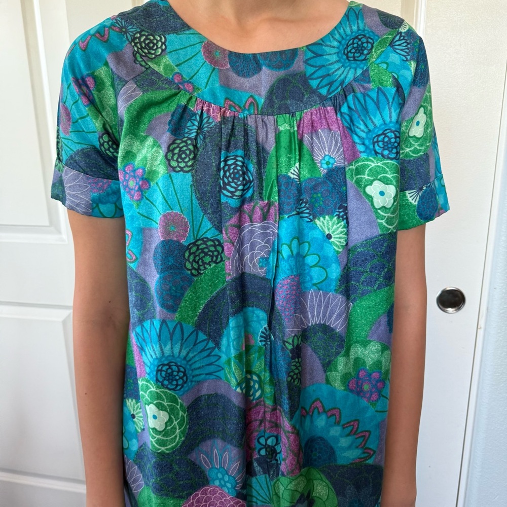 VINTAGE 60s 70s made in Hawaii EXOTICAL vibrant blue aqua green dress S M L muu - Picture 10 of 10